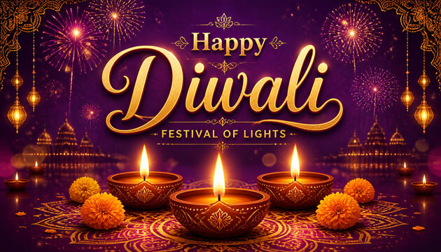 Happy diwali festival of lights greeting card with traditional oil lamps and fireworks