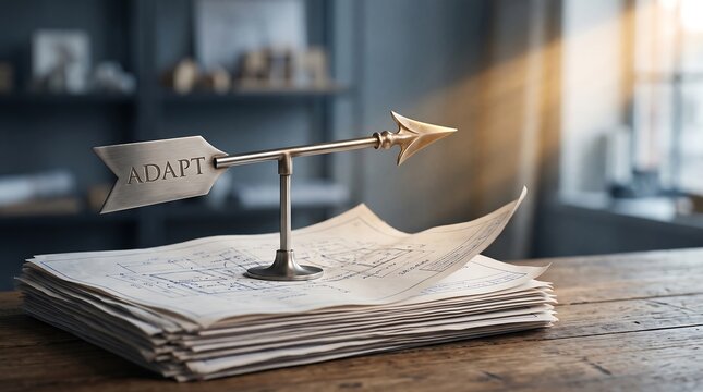 Metal arrow sign with adapt word on a stack of paper