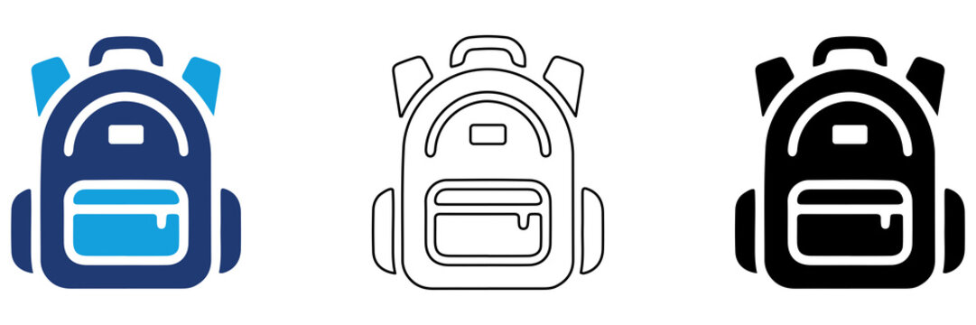 Multicolor Backpack Icon Set with Filled and Outline Styles for School Travel Camping Student Bag Outdoor Adventure and Education Isolated on Transparent Background