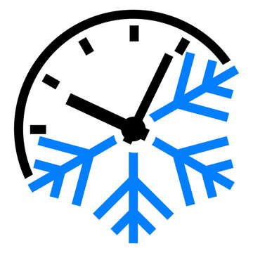 Logo tiempo de invierno. Icono con esfera de reloj simple con s&iacute;mbolo de copo de nieve	