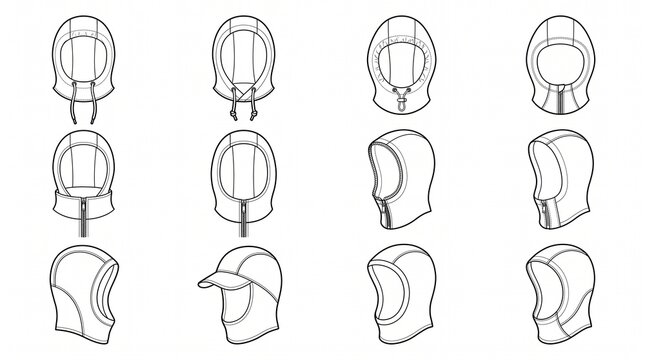 Technical fashion flat sketches of various hood and balaclava designs set