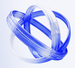 Fototapeta na wymiar Dynamic 3D sphere of transparent blue liquid glass lines, circle rings on light background. Abstract geometric circular ribbons with wavy water texture. Modern graphic design element. 3D illustration