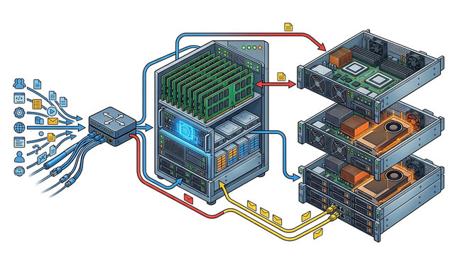 AI inference caching optimization reducing redundant GPU computation through high speed memory, intelligent request routing and efficient model serving infrastructure on white
