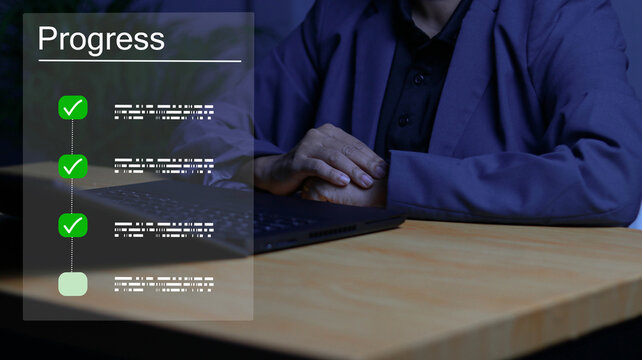Professional using tablet with digital workflow interface, progress checklist, gears, and processing indicator. Concept of automation, project management, business process, and technology.
