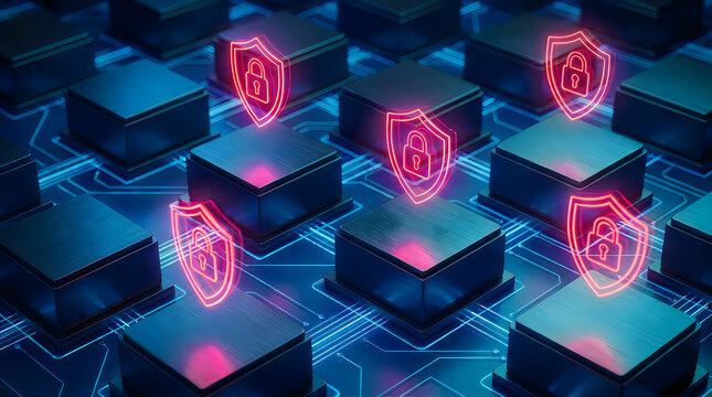 Abstract digital background featuring glowing red shield icons representing cybersecurity protection on a futuristic blue computer processor grid