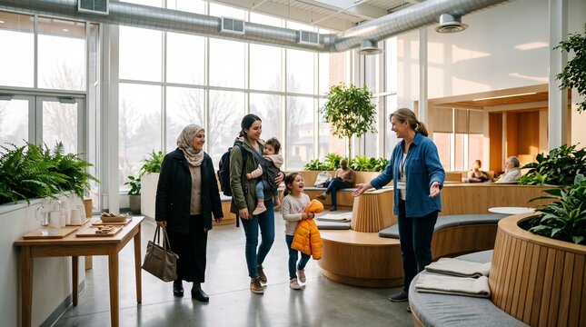 Families arrive at a bright community clean air refuge center