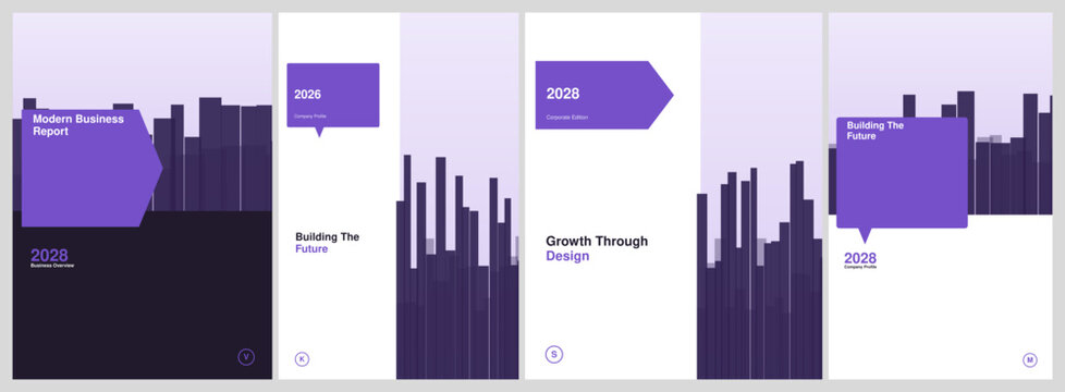 Set of Four Minimalist Corporate Business Report Cover Templates Featuring Urban Skyline Graphics and Modern Purple Design Elements