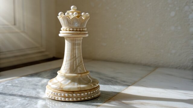 Ornate Ivory Chess Queen Piece on Reflective Marble Surface