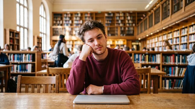 Tired young male student sitting in university library with closed laptop.