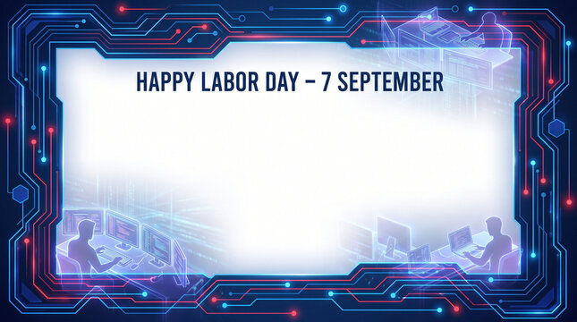Happy labor day digital frame featuring silhouette software developers working on computers with vibrant glowing circuits on transparent background