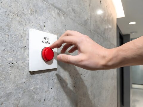 Hand Pointing at Red Fire Alarm Switch on Concrete Wall in Office Building. Emergency Warning System, Workplace Fire Safety, Industrial Protection and Evacuation Concept