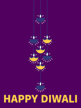 Traditional hanging oil lamps with Happy Diwali greeting on purple background
