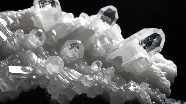 Macro shot of a clear quartz crystal cluster with sharp geometric facets and a dark background, highlighting natural mineral formation.