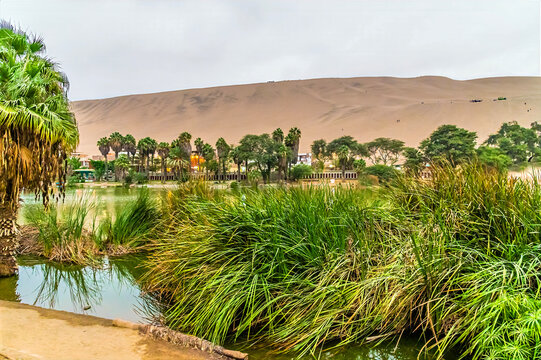 A view from the south shore of the oasis lake at Huacachina, Peru in the dry season