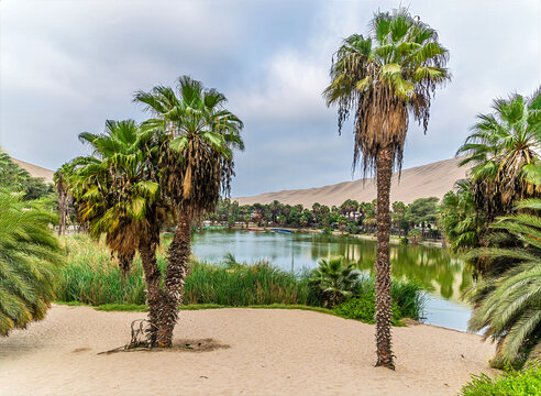 A view from the east shore of the oasis lake at Huacachina, Peru in the dry season