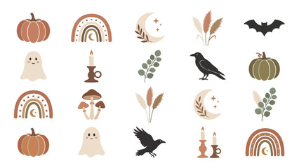 Obraz premium Set of cute autumn and halloween icons featuring pumpkins ghosts rainbows ravens bats candles and dried plants in a boho style for fall season decoration and creative graphic design projects Vector
