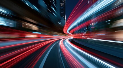 Fototapeta premium Urban Highway at Night with Vibrant Traffic Light Trails and Illuminated City Skyline