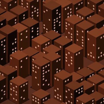 Isometric brown buildings with glowing windows