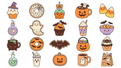 Fototapeta premium Set of cute kawaii halloween icons with pumpkin candy donut ghost bat potion cup and spider cupcake illustrations for holiday celebration and spooky party decoration design elements collection Vector