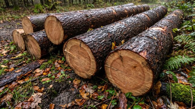 Freshly cut timber logs lying on the damp forest floor amidst fallen leaves and green undergrowth, ready for processing.