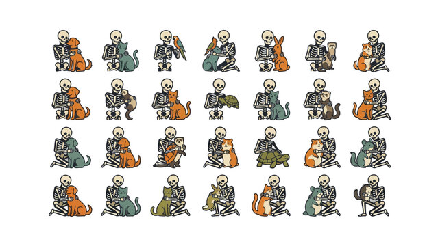 Set of cute human skeletons hugging different pets including dogs cats birds and rabbits illustration in a fun cartoon style for halloween design projects and spooky decorative graphic art elements