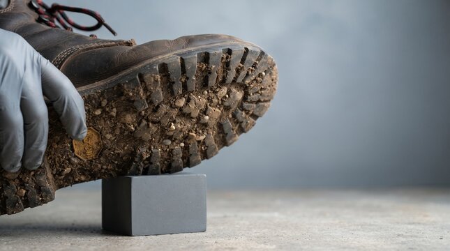 Macro view of soil embedded in a forensic boot tread