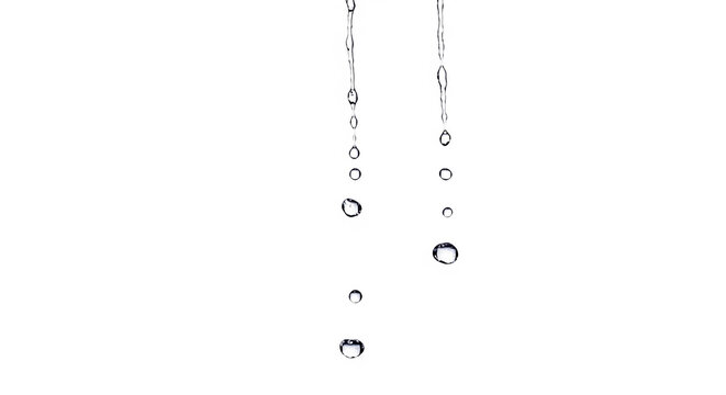 Water Droplets Falling: Clear, pure water droplets descend in a delicate stream against a clean white background, symbolizing refreshment and purity.