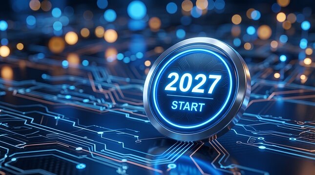 Digital transformation strategy and future innovation concept showing a 2027 start button activating on an illuminated circuit board