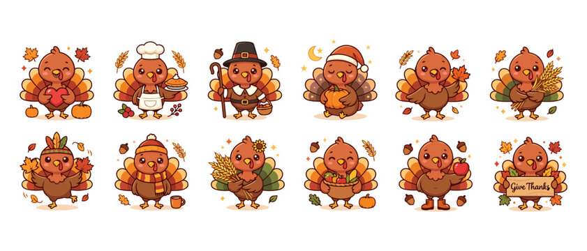 Cute Thanksgiving Turkey Clipart Bundle Autumn Harvest Holiday Vector Illustration Set