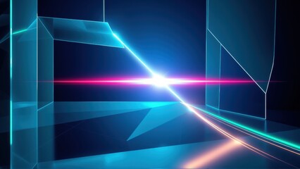 Obraz premium Abstract neon lines create futuristic space. Bright beams intersect, forming geometric shapes against dark background. Vivid colors dominate.