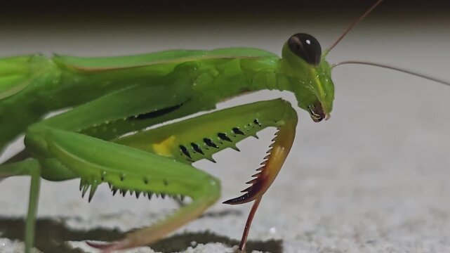 Extreme macro close up of a green praying mantis showing its compound eyes, forelegs and gently moving mandibles against a dark background.