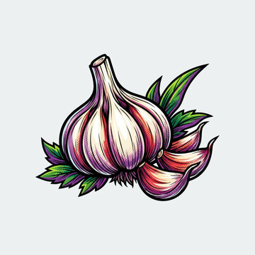 Fresh garlic bulb with purple skins and green herbs arranged for culinary cooking and healthy recipes promoting organic agriculture and delicious flavor for your kitchen preparation needs at