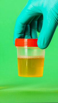 Hand in green medical glove holding plastic container of urine sample with orange cap against vibrant green background, specimen for laboratory analysis, vertical photo. Concept organic acid