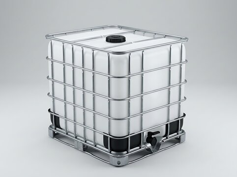 Large white plastic industrial liquid storage container tank inside a metal cage on a wooden pallet. ibc container
