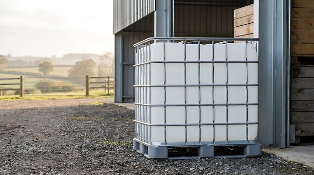 Large plastic water tank in a metal cage container placed on a wooden pallet outside a farm building. ibc container