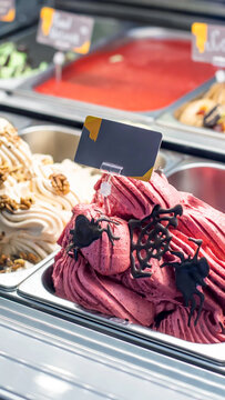 Display case vibrant berry ice cream flavor elegant chocolate decorations creamy walnut ice cream enticing dessert selection modern gelateria vertical photo