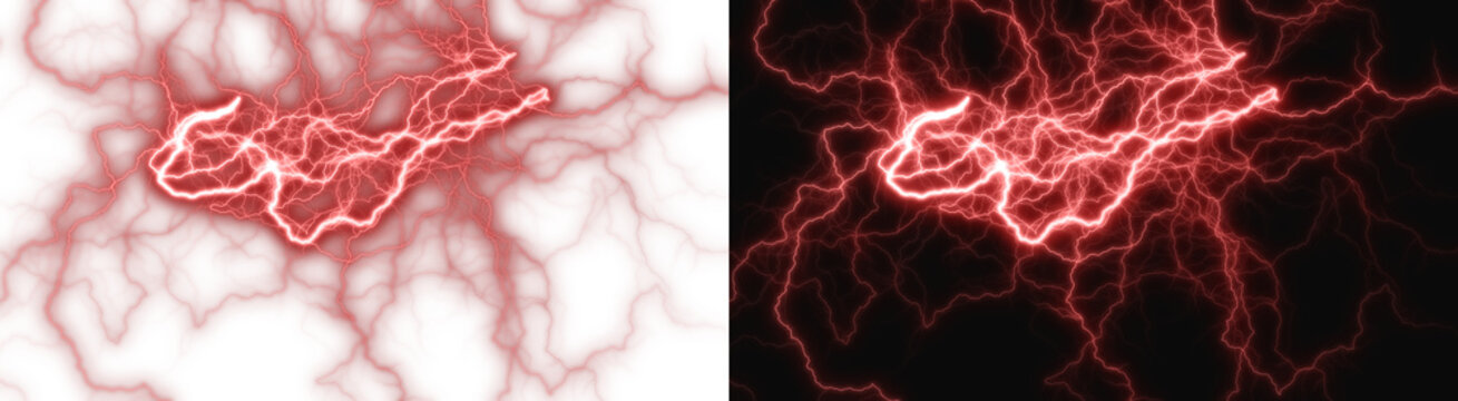 PNG  image of Electric red lightning bolts flashing with high voltage energy and jagged branching patterns glowing intensely on transparent background