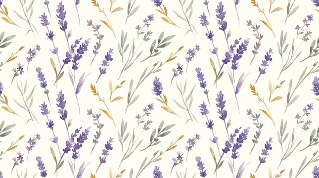 Delicate watercolor lavender pattern, elegant floral background, botanical illustration, seamless lavender design for textiles and decor, natural purple flower print.
