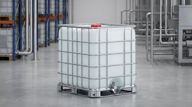 Large plastic water tank container with metal frame standing on a pallet inside a modern food factory. ibc container