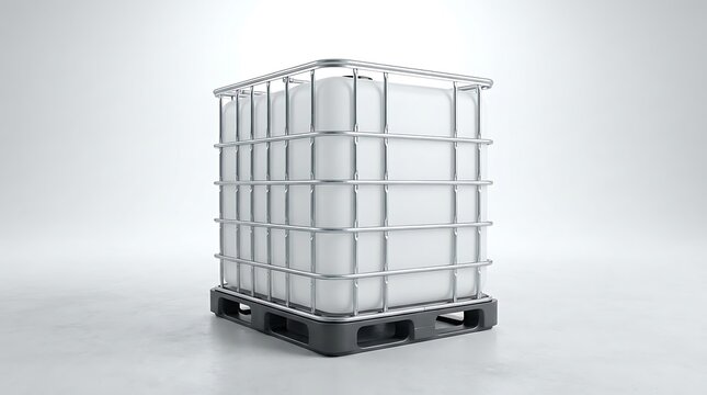 Large plastic water tank container with metal cage frame on a black shipping pallet for industrial use. ibc container