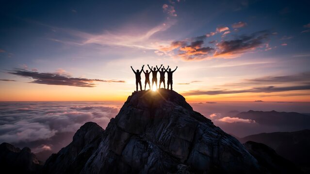 Silhouetted Team Celebrating Success Reaching the Mountain Peak Above Clouds at Sunset