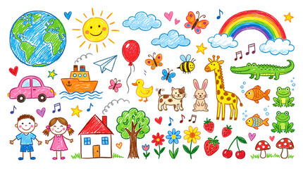 Naklejka premium Child doodle drawing. Kids hand drawn illustration. Cute colorful kid crayon painting, pencil animals, chalk rainbow, house, planets. Funny kindergarten prints. Vector set