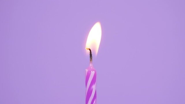 Purple birthday candle burning and slowly going out with visible smoke on a violet background. Slow motion celebration footage with empty copy space for party design. High quality FullHD footage