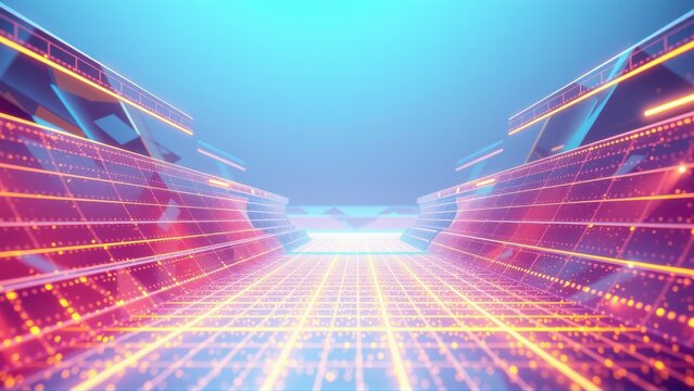 Futuristic tunnel glows with vibrant neon lights. Red, blue hues create digital highway effect. Perspective draws viewer inward.