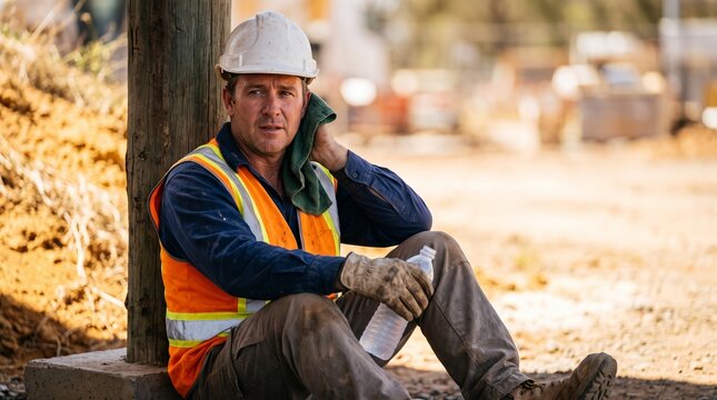 Construction worker cools down during a shaded heat break