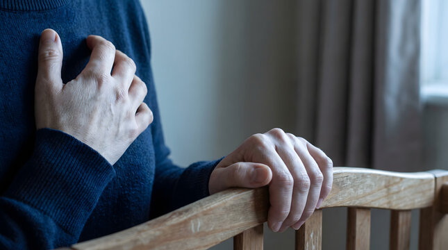 Close up of woman placing hand on chest dealing with heart palpitations anxiety attack or grief near wooden baby bed