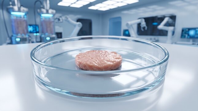 Cell based cultured meat tissue sample inside sterile glass petri dish in biotechnology food tech laboratory environment