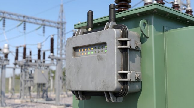 Ruggedized industrial wireless smart grid iot gateway device mounted on outdoor electrical transformer box for power distribution system