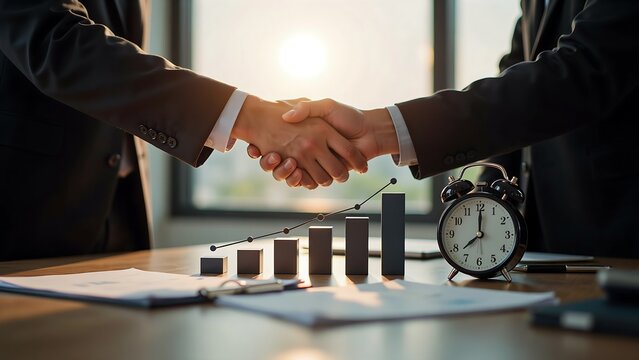 Business Professionals Making a Successful Agreement with a Rising Growth Chart and Clock in a Corporate Office Setting