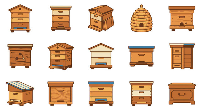 Collection of wooden beehives and skeps